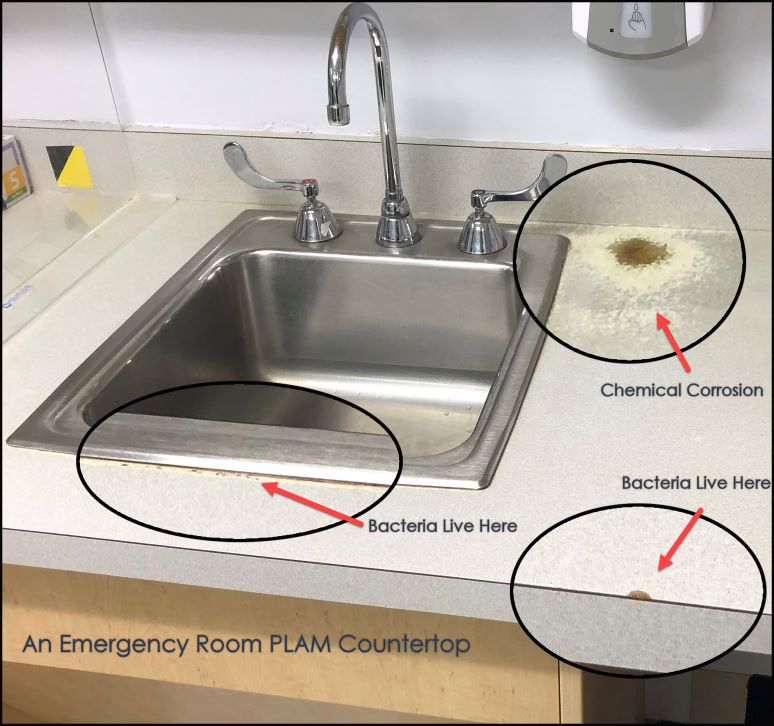 Photo showing locations where bacteria can grow on a sink in an emergecy room