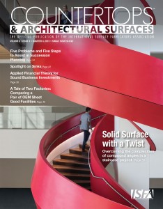 Cover of ISFA Countertops and Architectural Surfaces Magazine featuring ASST's thermoformed spiral staircase project