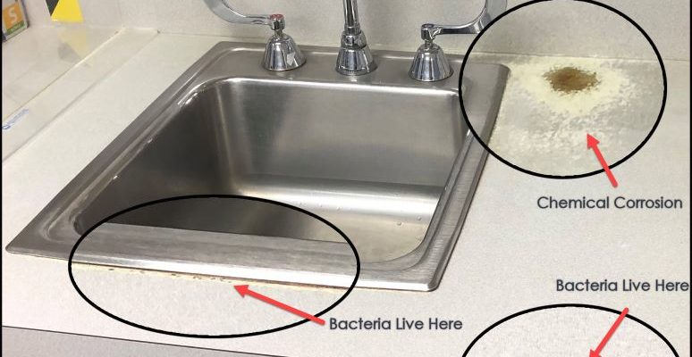 Photo showing locations where bacteria can grow on a sink in an emergecy room